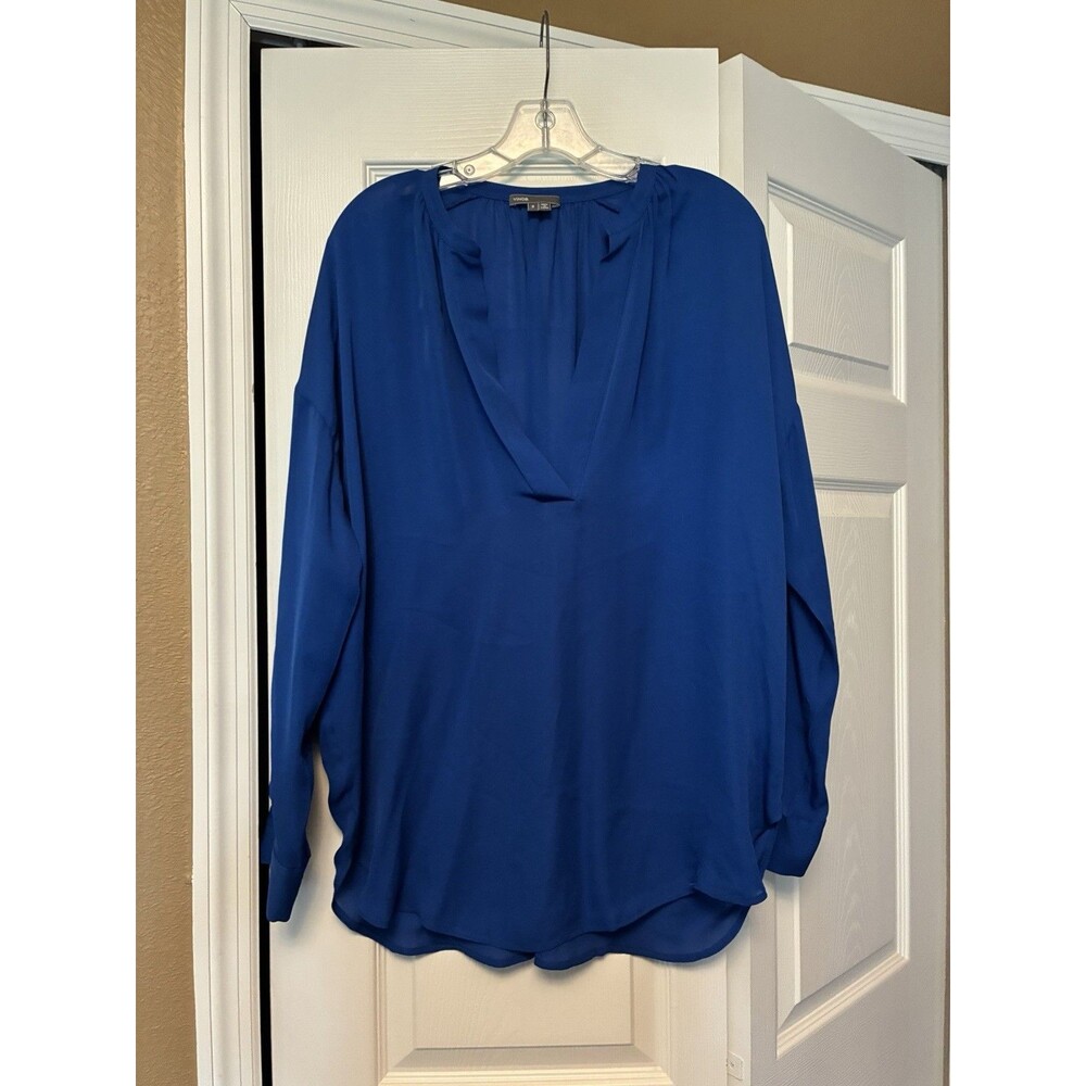 Vince Oversized 100% Silk Shirt Size Small Royal Blue Long Sleeve V Neck